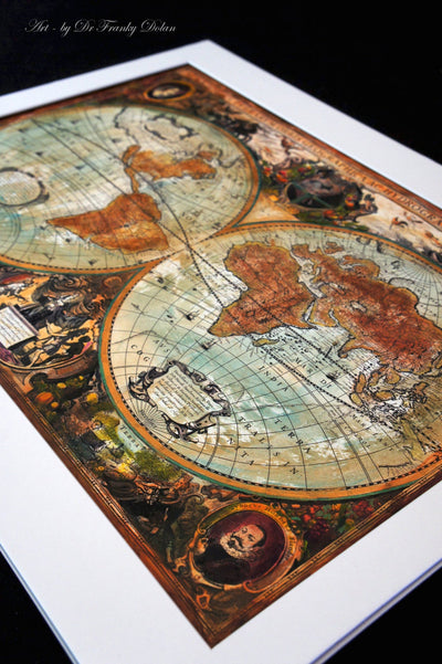 "Old World Map #4" Hand Painted on Authentic Cloth Canvas by Dr Franky Dolan